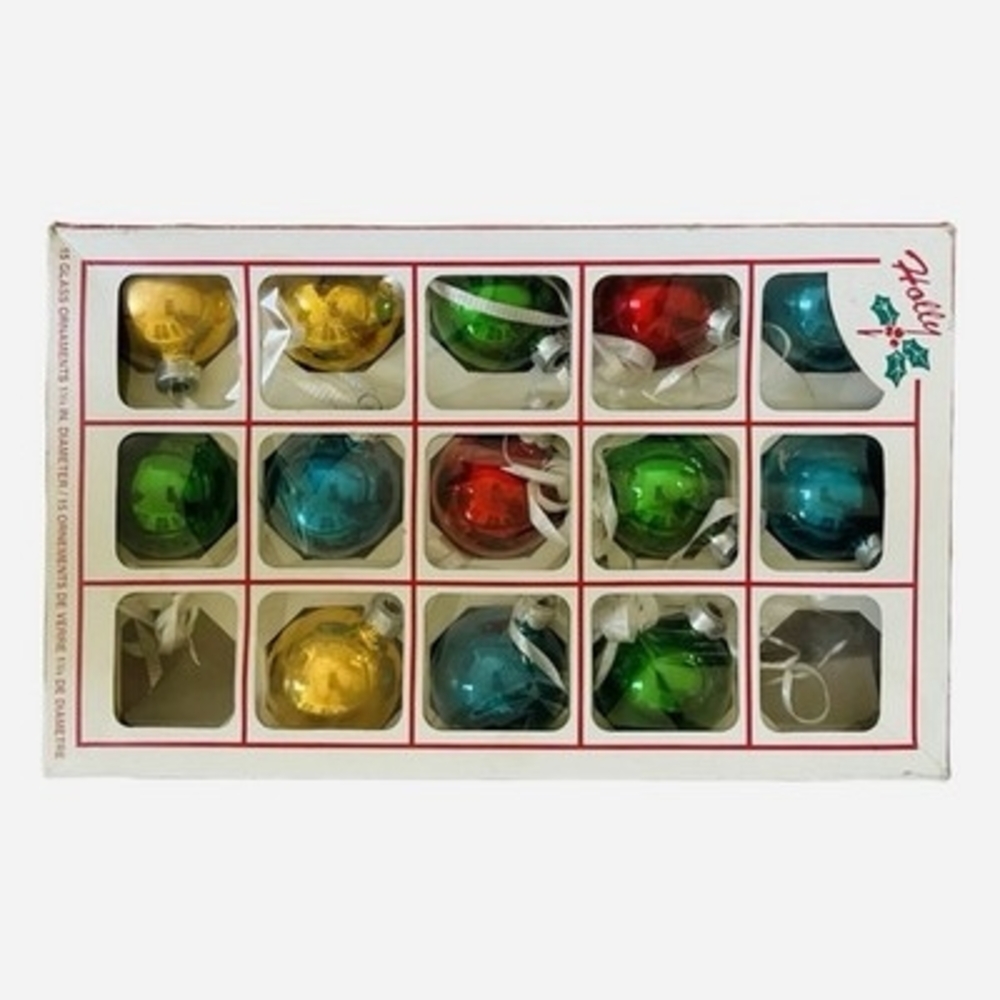 Vintage Holly Brand Christmas Tree Ornaments Box of 13 Multicolor Glass Balls - Picture 4 of 5
